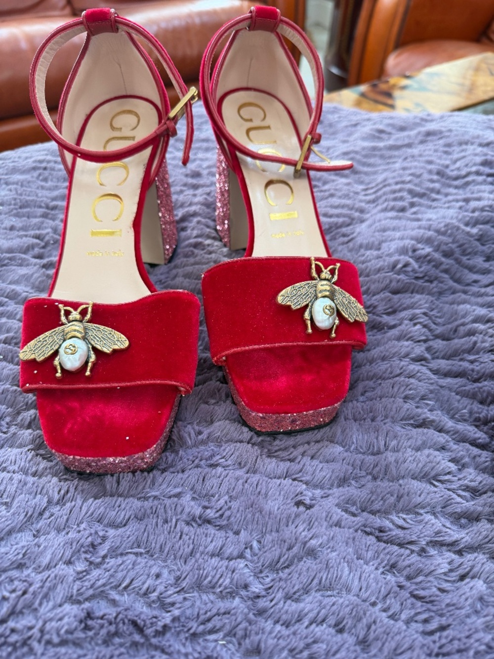 GUCCI Soko Glitter Bee Double G Platform Ankle Strap Heeled Sandals in Red